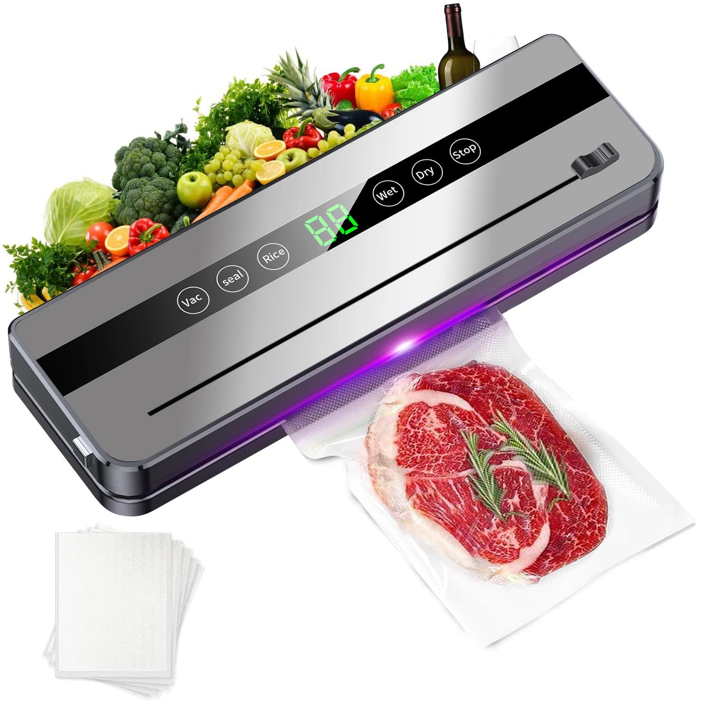 Machine de mise sous vide électrique pour la conservation des aliments : bouton tactile, fonction sèche/humide, coupe-aliments intégré, idéale pour la cuisine.