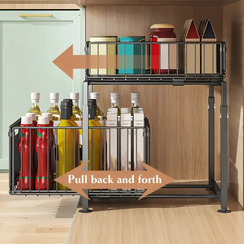 Organisateur de placard coulissant à 2 niveaux, étagère de cuisine réglable en hauteur, pour rangement sous évier et pots à épices.