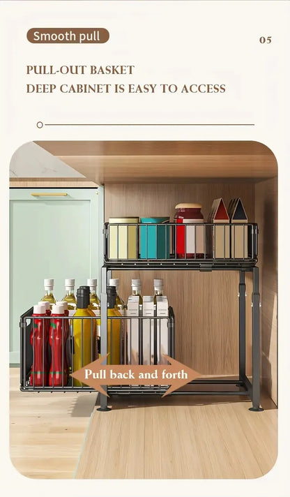 Organisateur de placard coulissant à 2 niveaux, étagère de cuisine réglable en hauteur, pour rangement sous évier et pots à épices.
