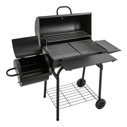 Barbecue à charbon de bois d'extérieur sur pied avec couvercle et roulettes, noir, pour jardin et camping, 147 x 70 x 126 cm