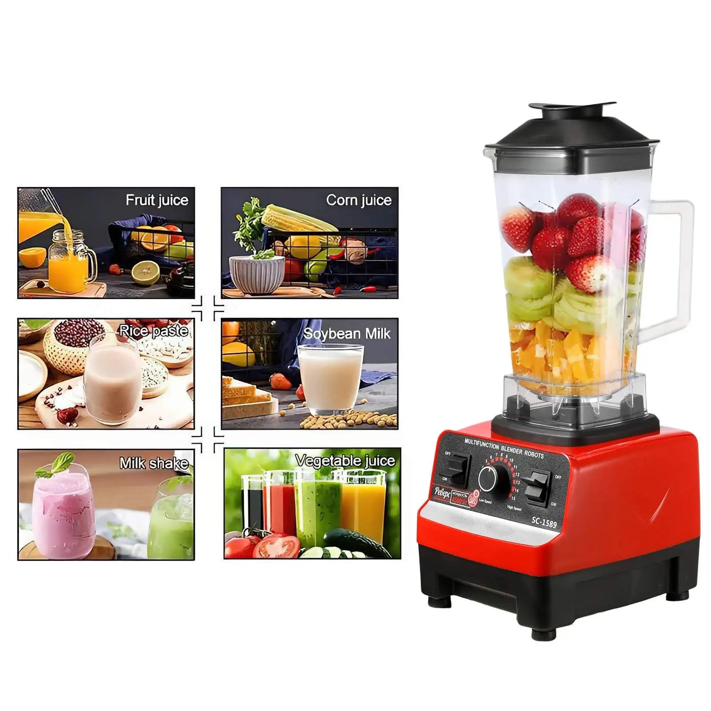 Mixeur électrique 2 en 1 2000 W haute puissance, robuste et professionnel, pour smoothies et autres préparations culinaires.