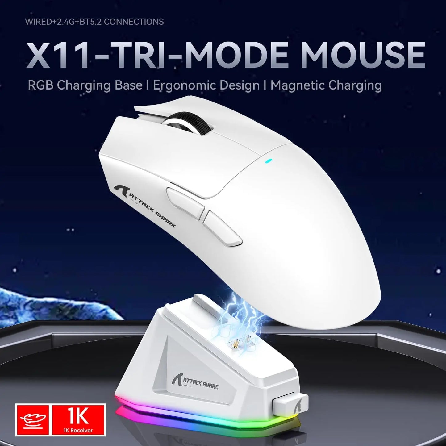 Souris gaming ATTACK SHARK X11, station de charge magnétique, capteur gaming PixArt PAW3311, 22 000 DPI, Bluetooth/2,4 GHz, sans fil/filaire