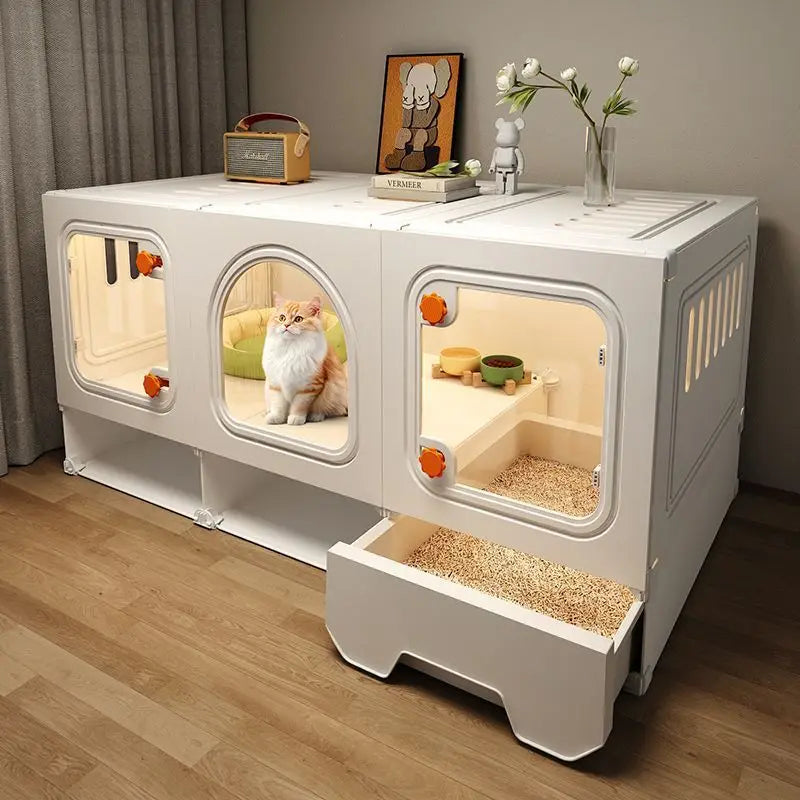 Grande maison pour chat avec tiroir transparent, avec compartiment de rangement.