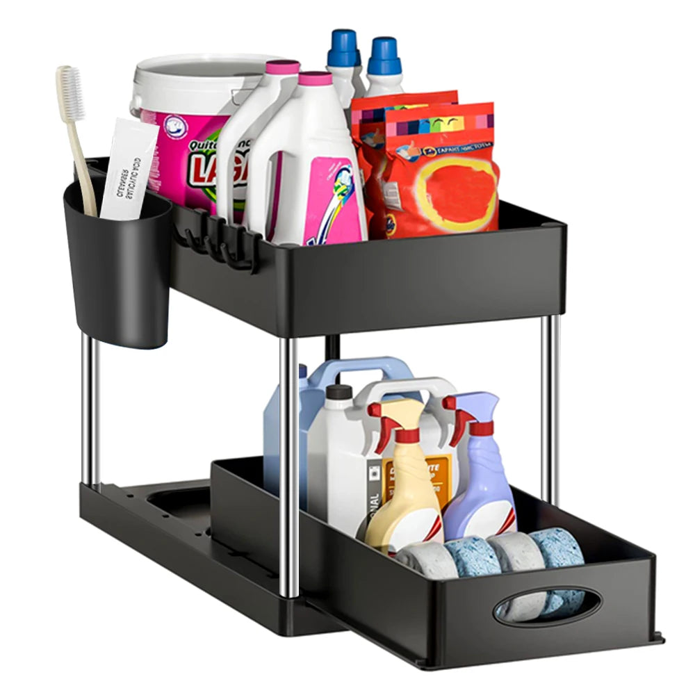 Organisateur de rangement à 2 niveaux sous évier, panier coulissant avec crochets, support pour tasses suspendues, pour salle de bain ou cuisine.