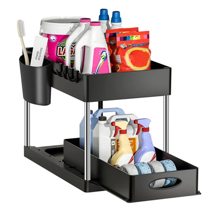 Organisateur de rangement à 2 niveaux sous évier, panier coulissant avec crochets, support pour tasses suspendues, pour salle de bain ou cuisine.