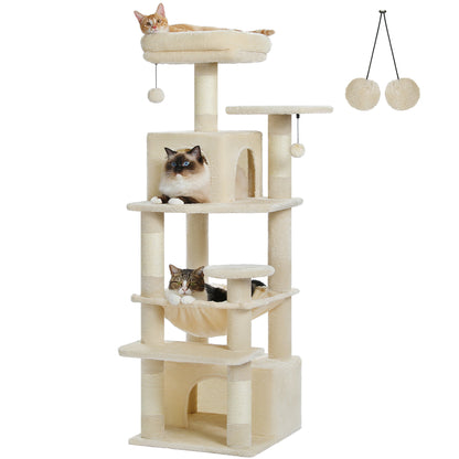 Grand arbre à chat multi-niveaux avec hamac, niches et griffoirs en sisal