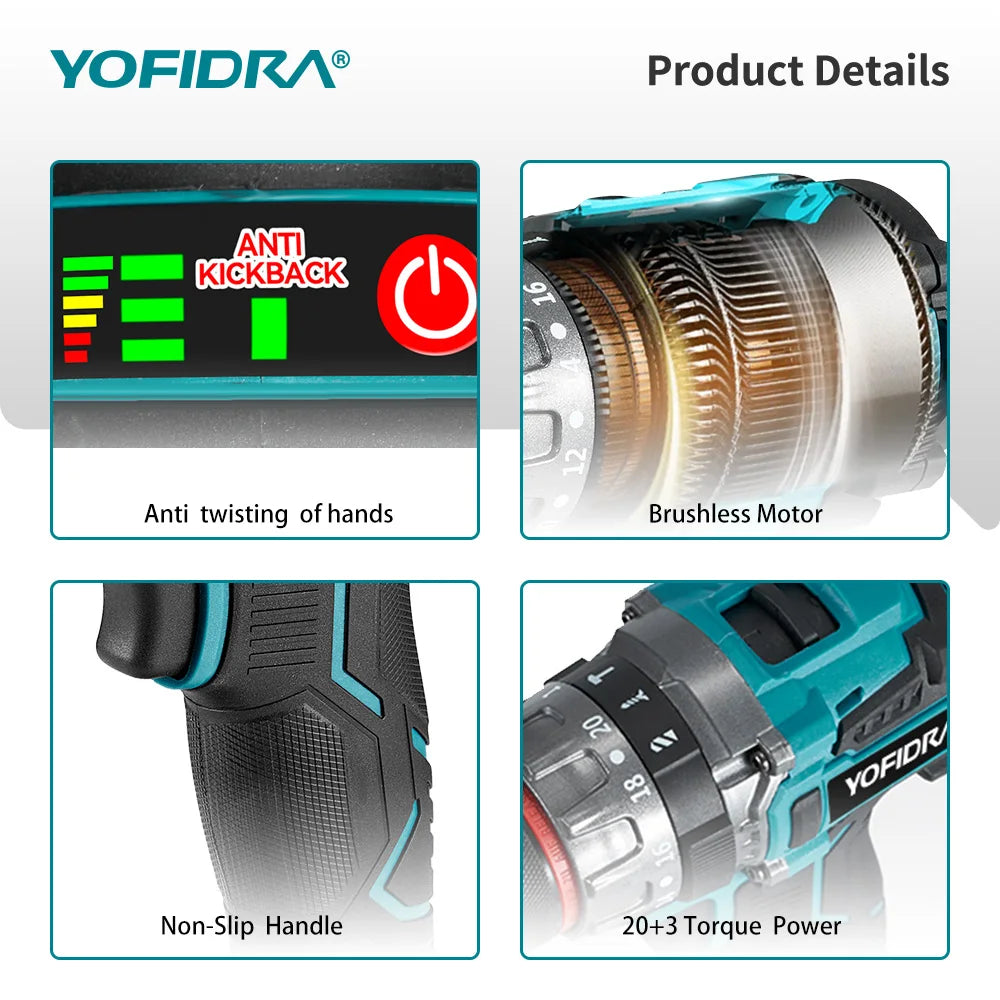 Perceuse à percussion électrique sans balais YOFIDRA 700 N.M, visseuse sans fil, compatible avec les batteries Makita.