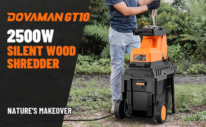 Broyeur de branches DOVAMAN, moteur sans balais de 2500 W, rouleau à 8 dents, broie les branches sèches jusqu'à 40 mm, bac de 55 L, protection contre les surcharges