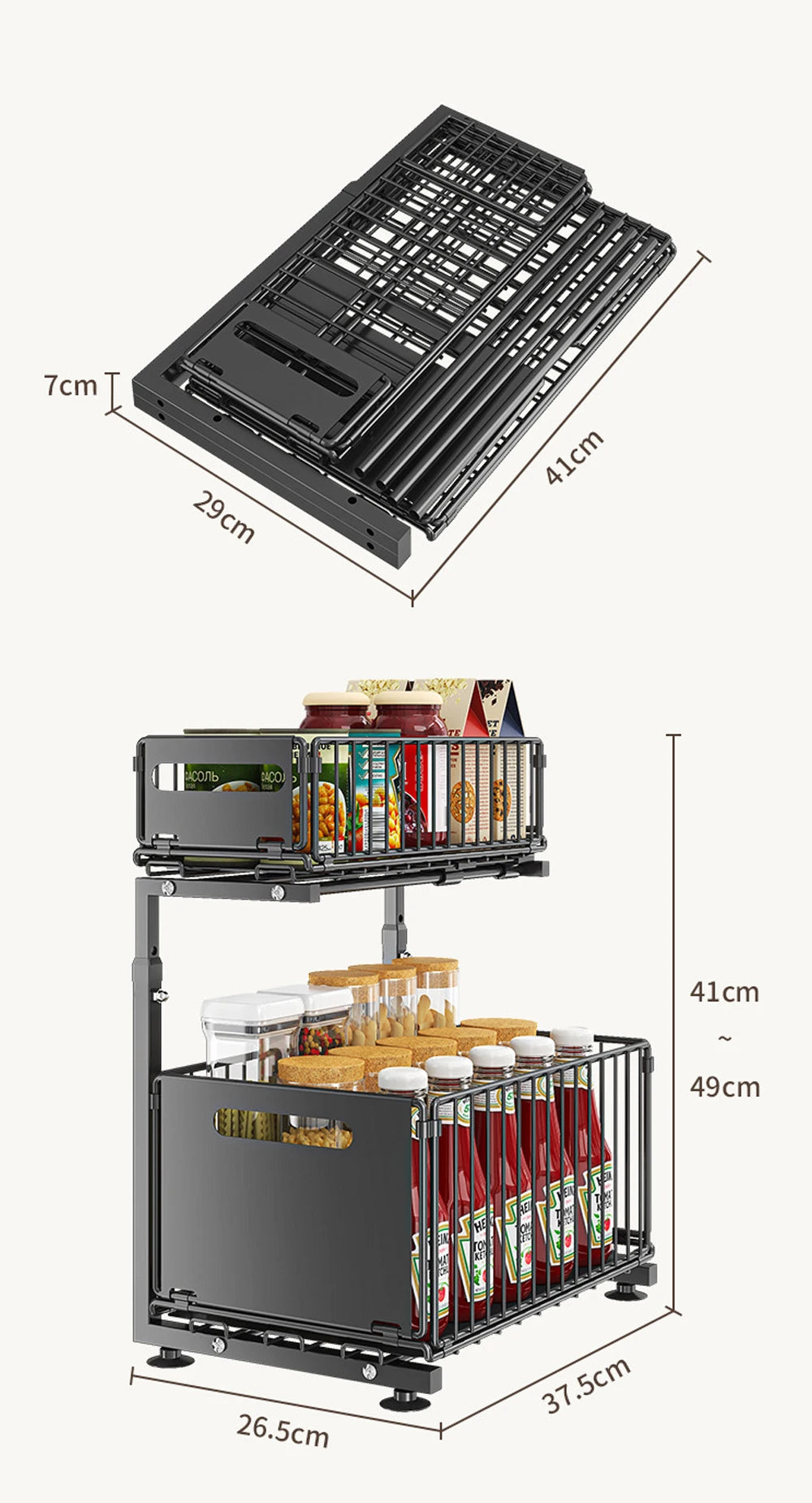Organisateur de placard coulissant à 2 niveaux, étagère de rangement de cuisine réglable, organisateur sous évier, étagère de rangement pour pots à épices, tiroir coulissant
