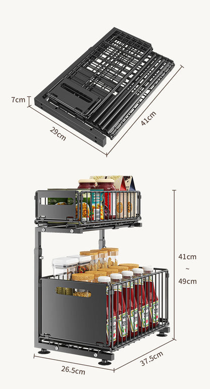 Organisateur de placard coulissant à 2 niveaux, étagère de rangement de cuisine réglable, organisateur sous évier, étagère de rangement pour pots à épices, tiroir coulissant