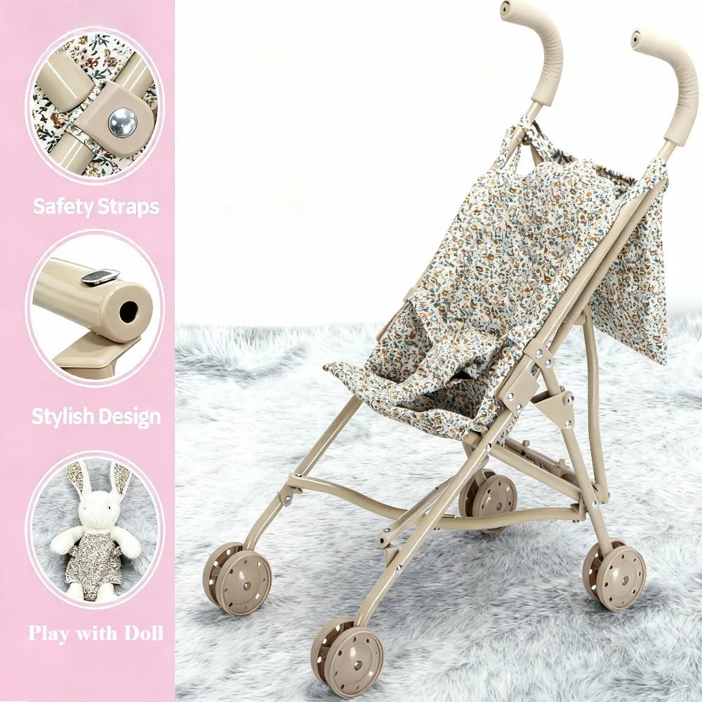 Poussette pliable de haute qualité pour poupée avec motif de fleurs.