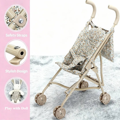 Poussette pliable de haute qualité pour poupée avec motif de fleurs.