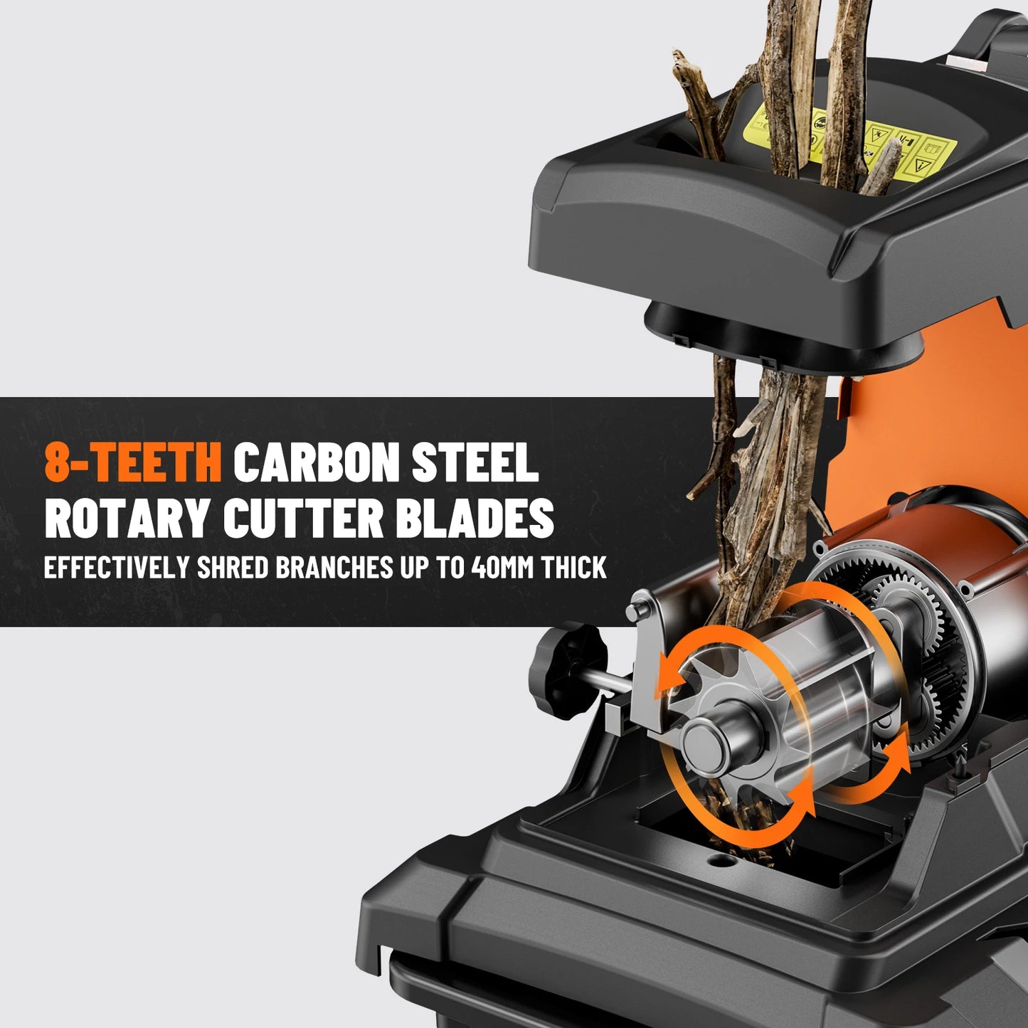 Broyeur de branches DOVAMAN, moteur sans balais de 2500 W, rouleau à 8 dents, broie les branches sèches jusqu'à 40 mm, bac de 55 L, protection contre les surcharges