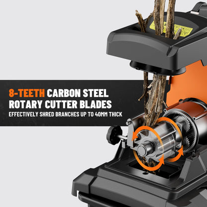 Broyeur de branches DOVAMAN, moteur sans balais de 2500 W, rouleau à 8 dents, broie les branches sèches jusqu'à 40 mm, bac de 55 L, protection contre les surcharges