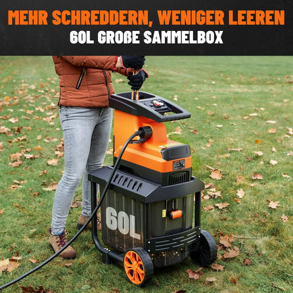 Broyeur de jardin DOVAMAN 2800 W, moteur sans balais 400 Nm, rouleau à 6 dents, capacité de 45 mm, bac de 60 L, silencieux et protégé contre les surcharges