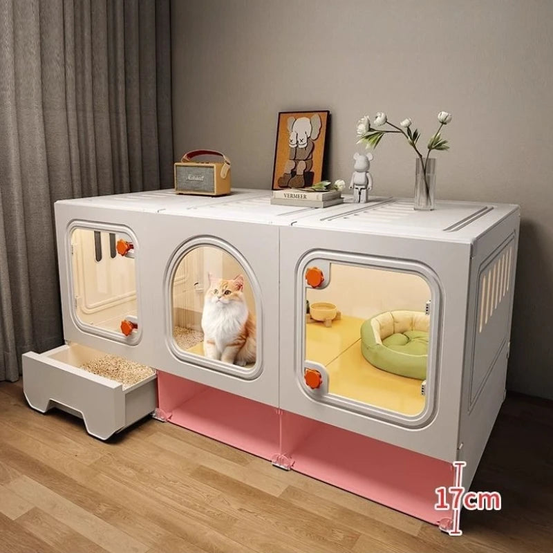 Grande maison pour chat avec tiroir transparent, avec compartiment de rangement.