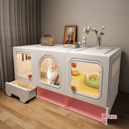 Grande maison pour chat avec tiroir transparent, avec compartiment de rangement.