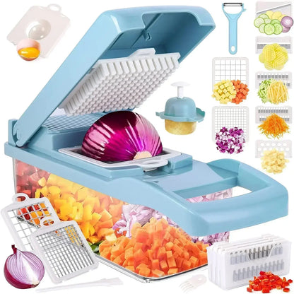 Hachoir à légumes multifonctionnel 12/22 en 1, hachoir manuel, râpe à pommes de terre, trancheuse à légumes avec récipient, ustensile de cuisine