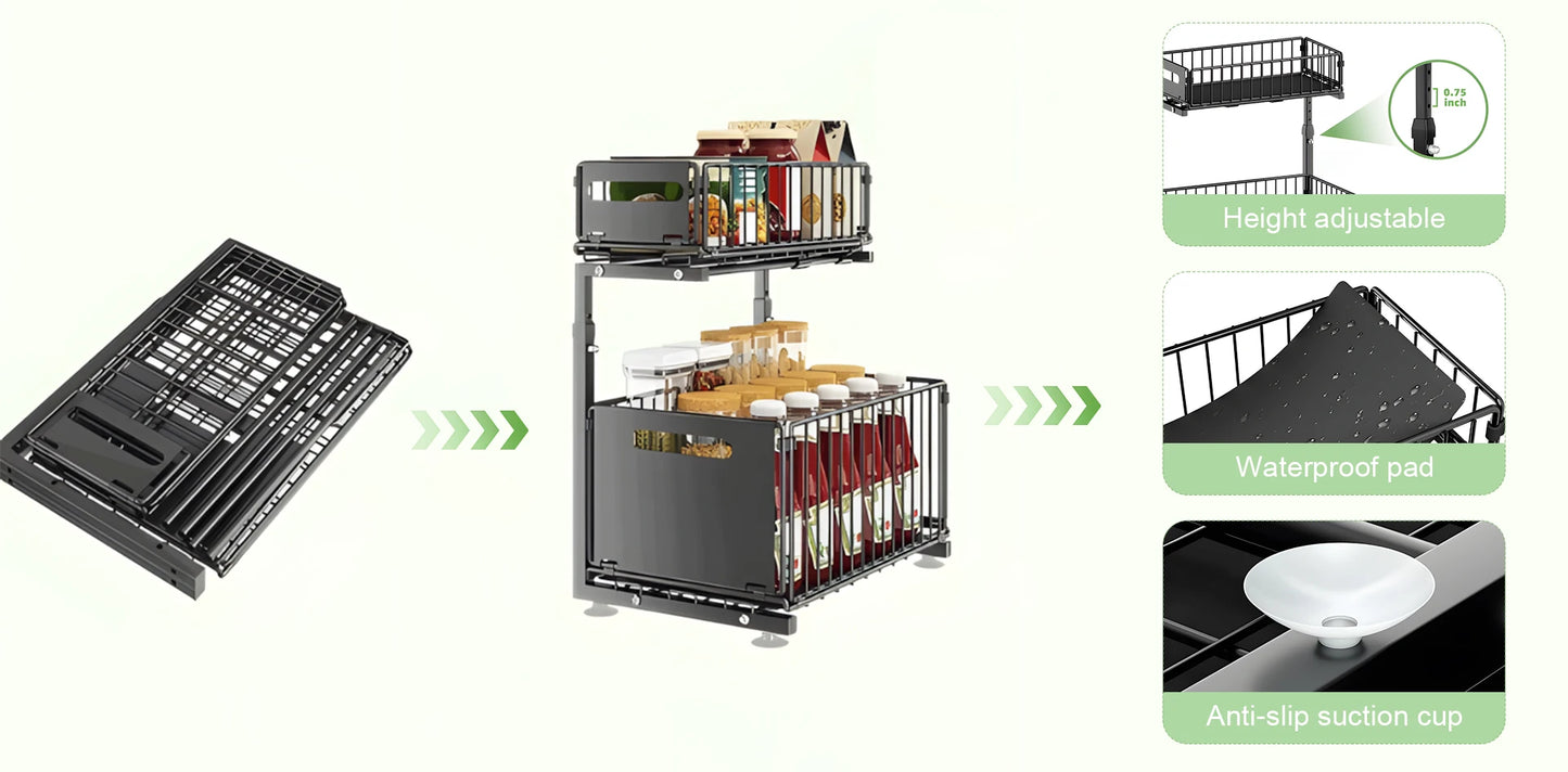 Organisateur de placard coulissant à 2 niveaux, étagère de rangement de cuisine réglable, organisateur sous évier, étagère de rangement pour pots à épices, tiroir coulissant