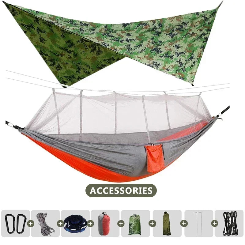 Hamac double de camping extérieur 260x140cm avec moustiquaire et bâche anti-pluie, hamac léger en parachute pour la randonnée et les voyages