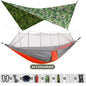 Hamac double de camping extérieur 260x140cm avec moustiquaire et bâche anti-pluie, hamac léger en parachute pour la randonnée et les voyages