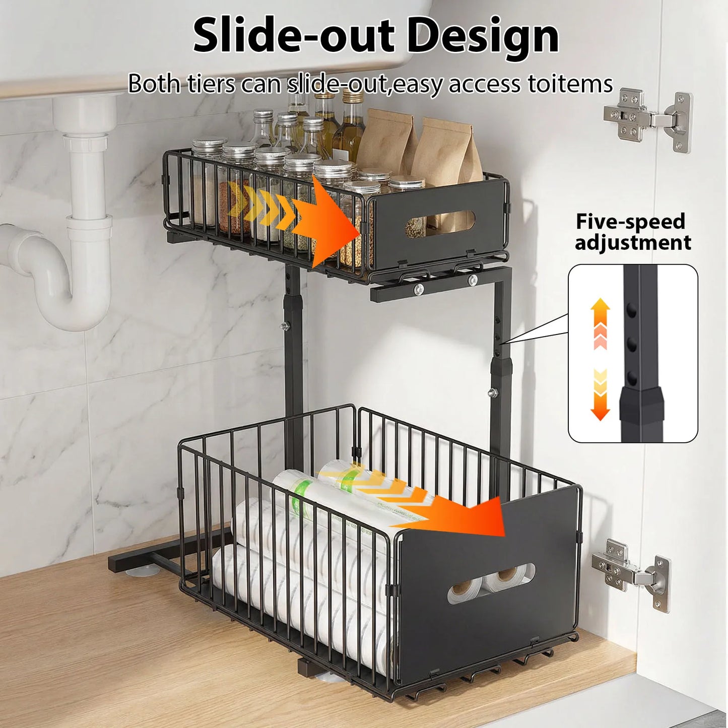 Organisateur de rangement sous évier à tiroir coulissant à 2 niveaux, étagère réglable, organisateur de placard coulissant, étagère de rangement pour pots à épices