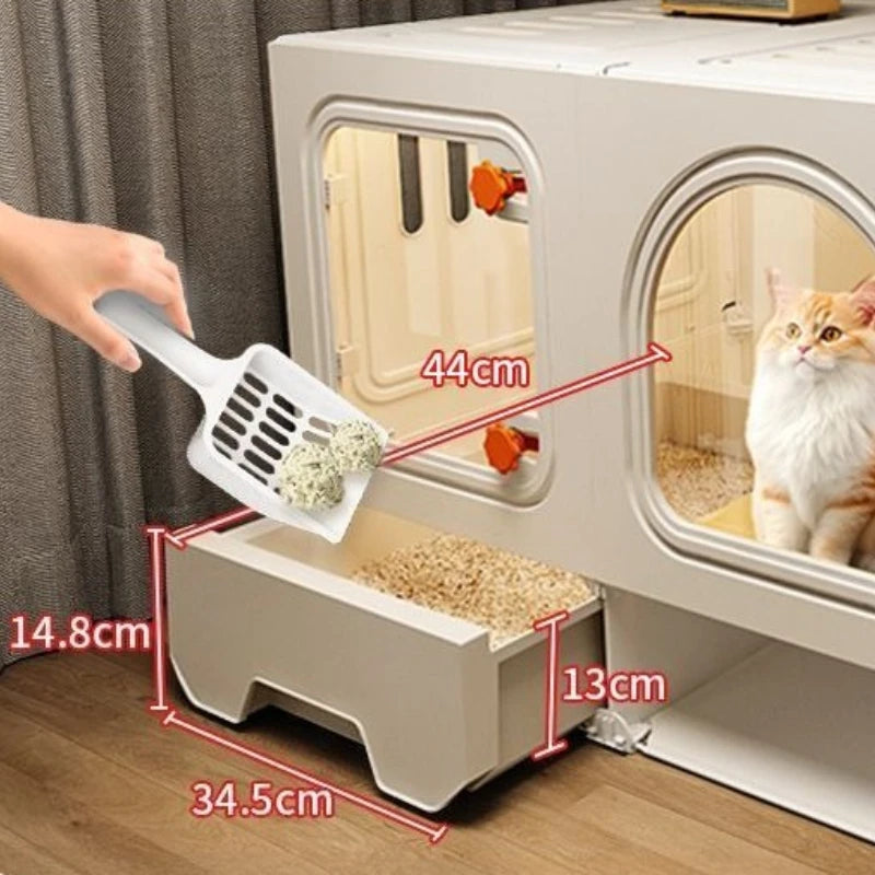 Grande maison pour chat avec tiroir transparent, avec compartiment de rangement.