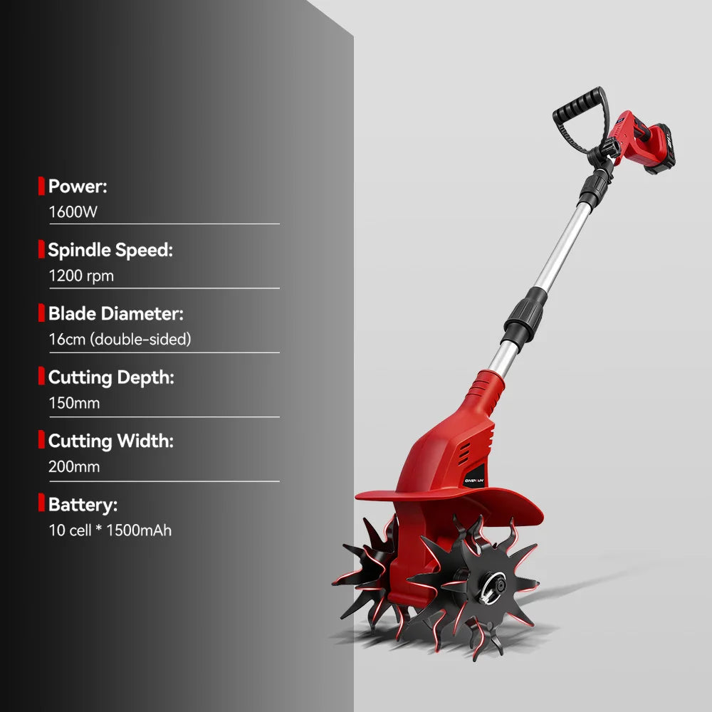 Motoculteur Électrique ONEVAN 1600W Sans Fil – Puissant, Silencieux, Idéal pour Jardin et Potager (Brushless + Double Lame)