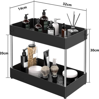 Organisateur de rangement à 2 niveaux sous évier, panier coulissant avec crochets, support pour tasses suspendues, pour salle de bain ou cuisine.