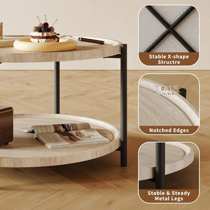 Table basse ronde de 75 cm avec rangement à 2 niveaux, plateau en bois et cadre en métal, table centrale.