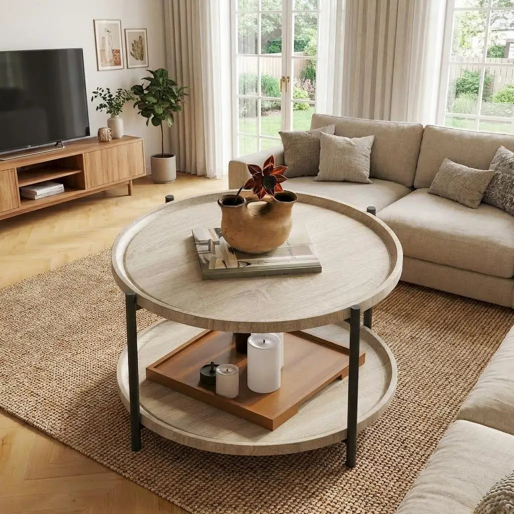 Table basse ronde de 75 cm avec rangement à 2 niveaux, plateau en bois et cadre en métal, table centrale.