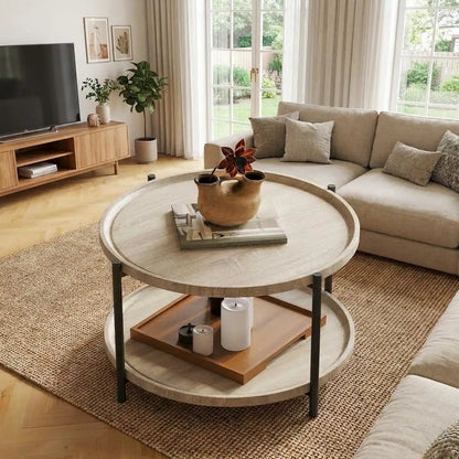 Table basse ronde de 75 cm avec rangement à 2 niveaux, plateau en bois et cadre en métal, table centrale.