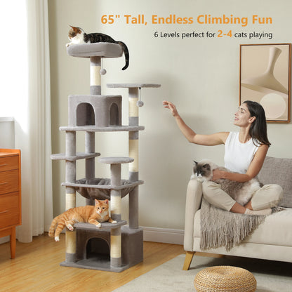 Grand arbre à chat multi-niveaux avec hamac, niches et griffoirs en sisal