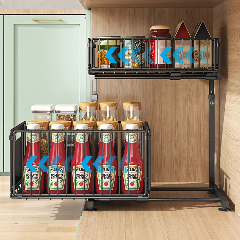 Organisateur de placard coulissant à 2 niveaux, étagère de rangement de cuisine réglable, organisateur sous évier, étagère de rangement pour pots à épices, tiroir coulissant
