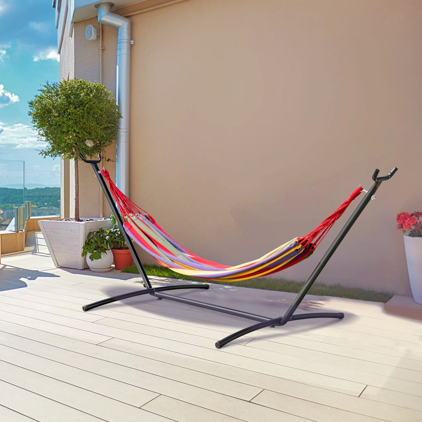 Hamac Outsunny avec support en acier portable, hauteur réglable sur 6 niveaux, sac de transport inclus, supporte jusqu'à 120 kg, pour jardin, multicolore.