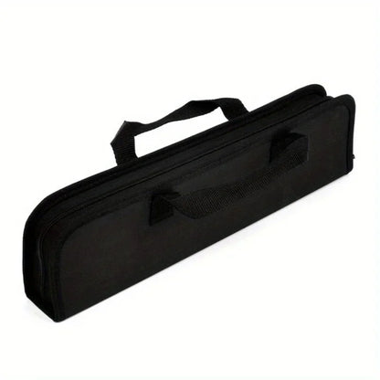 Ensemble d'ustensiles de barbecue portables avec sac, comprenant fourchettes, pinces, pelles et autres accessoires en acier inoxydable pour le camping et la cuisine.