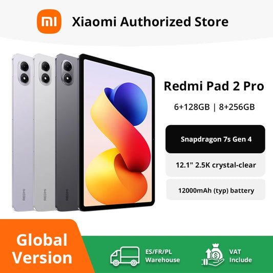Xiaomi Redmi Pad 2 Pro Version Globale, écran 12,1" 2,5K haute définition, batterie 12 000 mAh, charge rapide 33 W, processeur Snapdragon 7s Gen 4.
