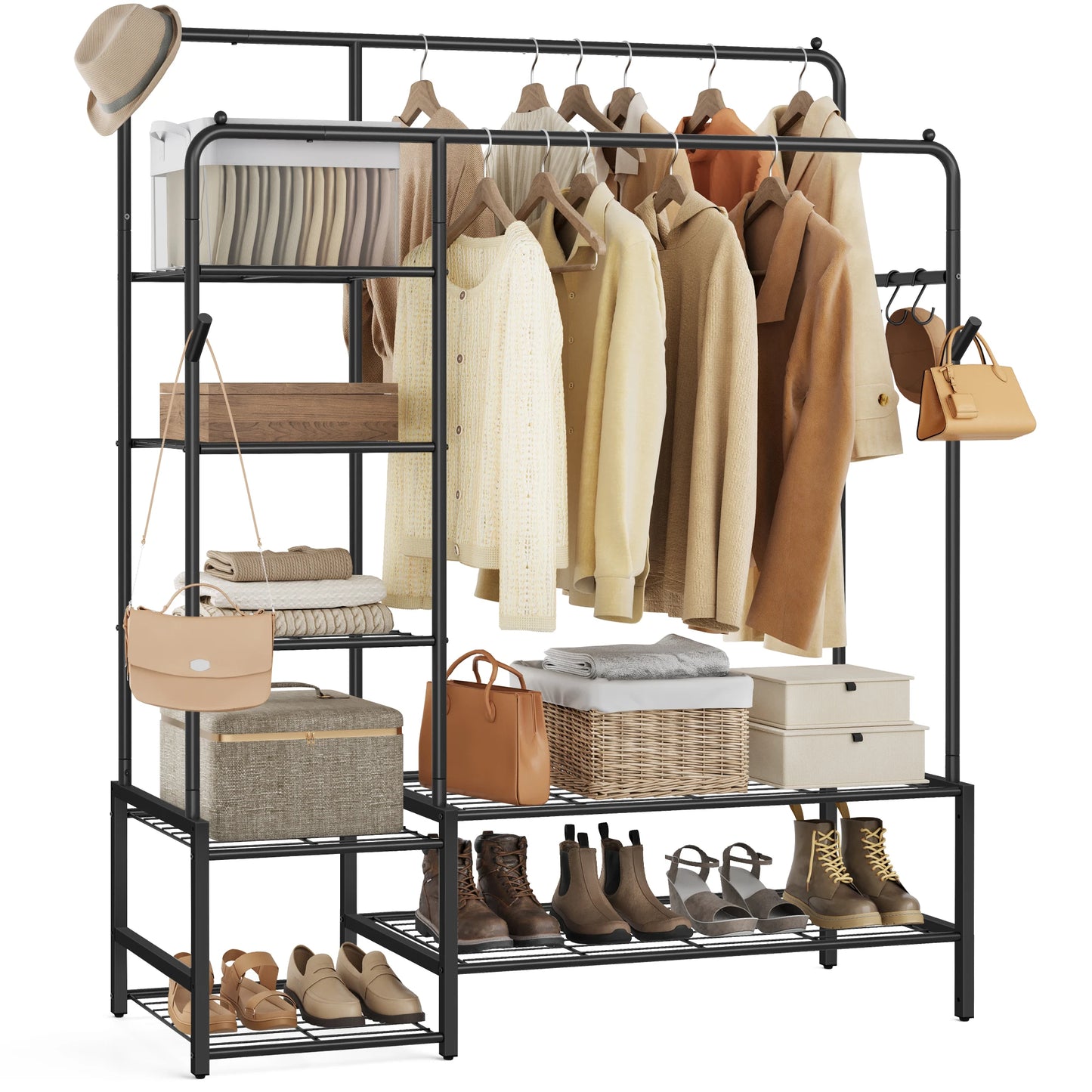 SONGMICS Porte-vêtements, armoire ouverte, porte-manteau avec 7 étagères, cadre en métal, rails suspendus, noir
