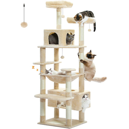 Grand arbre à chat multi-niveaux avec hamac, niches et griffoirs en sisal