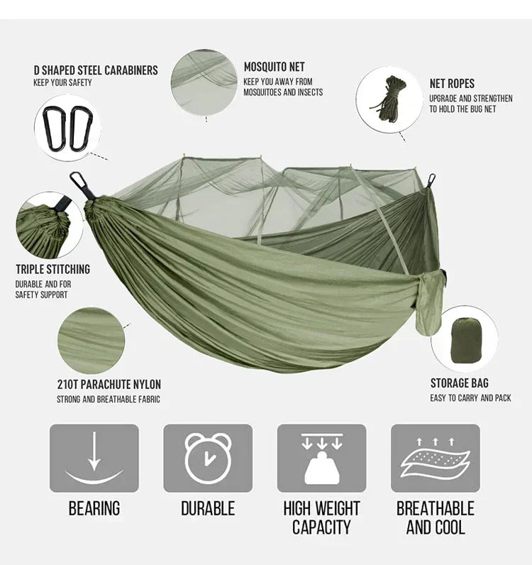 Hamac double de camping extérieur 260x140cm avec moustiquaire et bâche anti-pluie, hamac léger en parachute pour la randonnée et les voyages