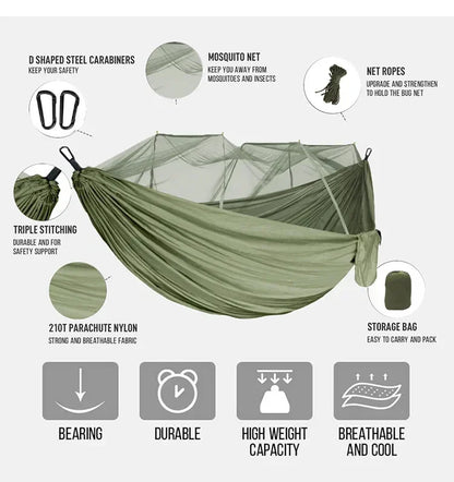 Hamac double de camping extérieur 260x140cm avec moustiquaire et bâche anti-pluie, hamac léger en parachute pour la randonnée et les voyages