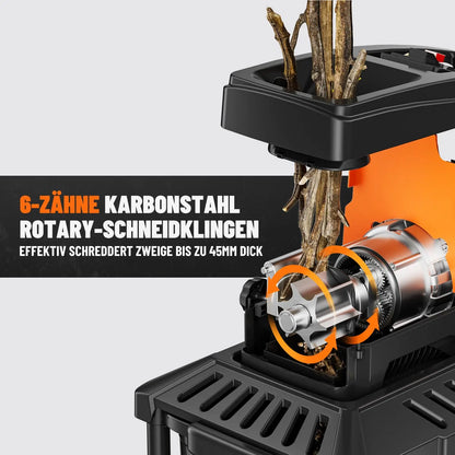 Broyeur de jardin DOVAMAN 2800 W, moteur sans balais 400 Nm, rouleau à 6 dents, capacité de 45 mm, bac de 60 L, silencieux et protégé contre les surcharges