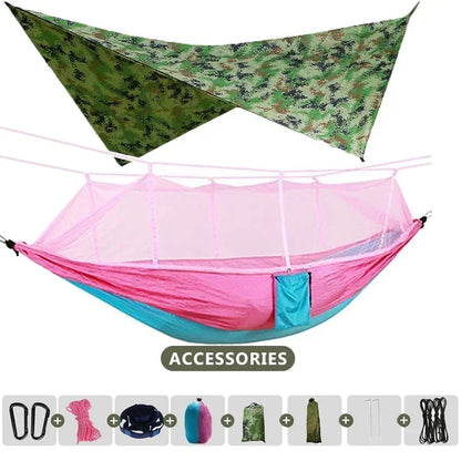 Hamac double de camping extérieur 260x140cm avec moustiquaire et bâche anti-pluie, hamac léger en parachute pour la randonnée et les voyages