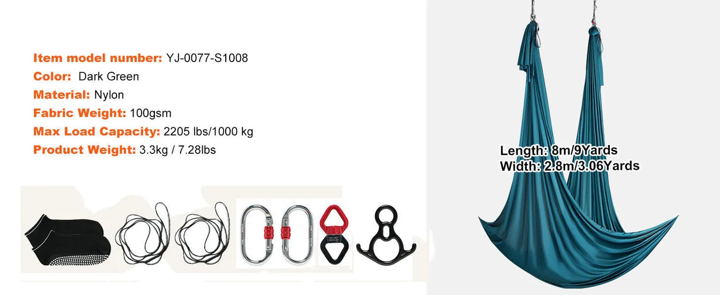 SucceBuy Hamac et balançoire de yoga aérien 8,7/11 yards, kit de démarrage de yoga avec sangle en tissu de soie aérienne, accessoire pour tous les niveaux.