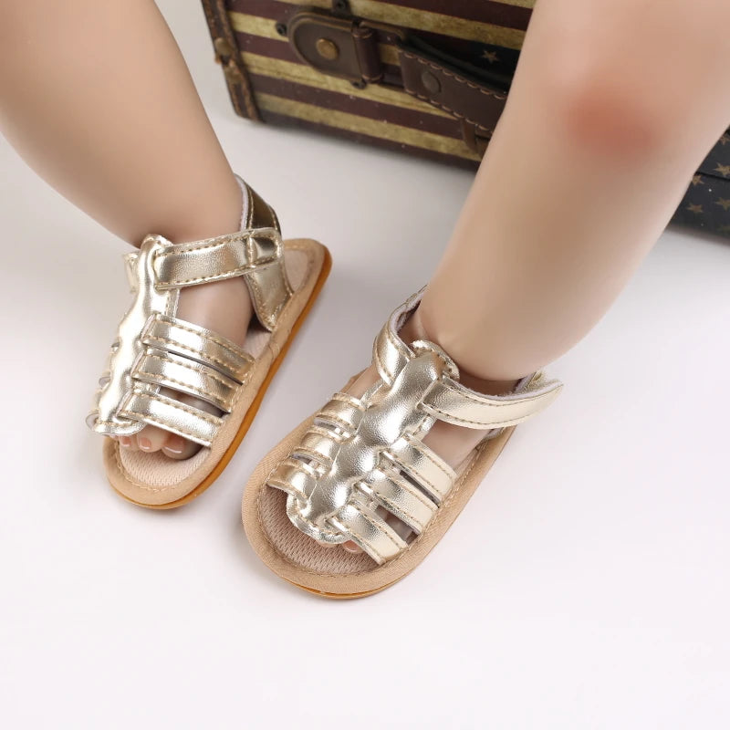 Sandales décontractées d’été avec thème doré chaussures de bébé fille à la mode, chaussures de marche confortables antidérapantes pour bébé.