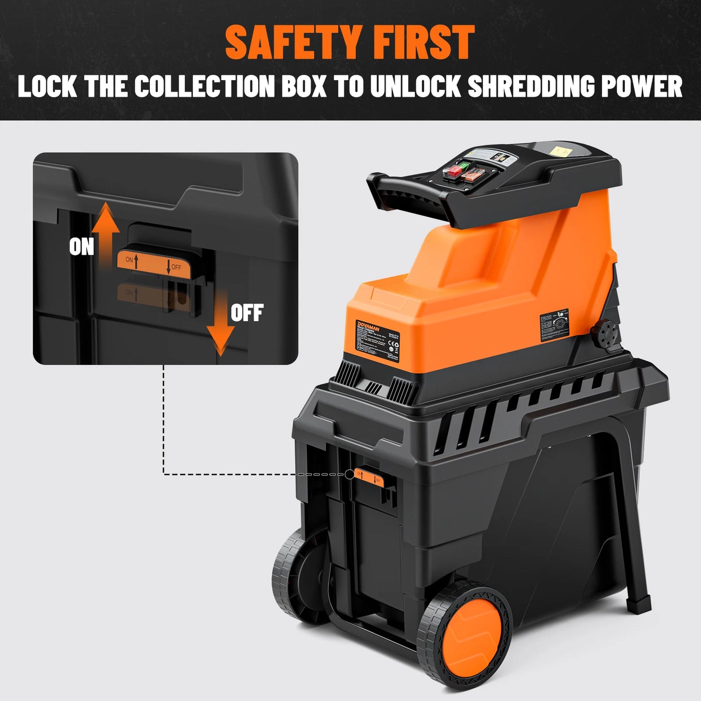 Broyeur de branches DOVAMAN, moteur sans balais de 2500 W, rouleau à 8 dents, broie les branches sèches jusqu'à 40 mm, bac de 55 L, protection contre les surcharges