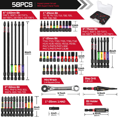 Ensemble d’outils Geinxurn 58Pcs emballé avec des embouts de tournevis à percussion, un mini sécélage, une perceuse à pas, un adaptateur de prise et un porte-embout pour le bricolage