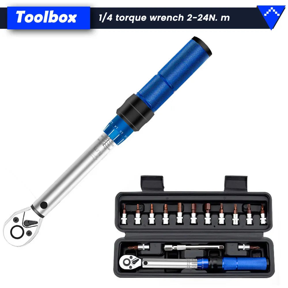 Jeu de 15 clés dynamométriques pour vélo, 1/4" 2-24 Nm, double sens de rotation, clé Allen, douille préréglée, outil de réparation professionnel.