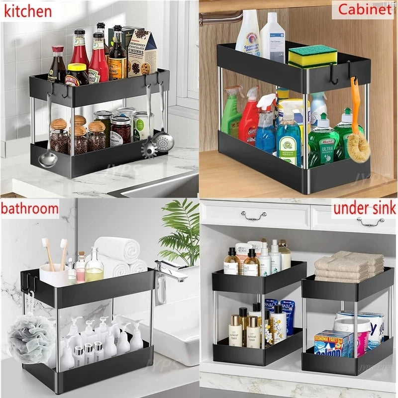 Organisateur de rangement à 2 niveaux sous évier, panier coulissant avec crochets, support pour tasses suspendues, pour salle de bain ou cuisine.