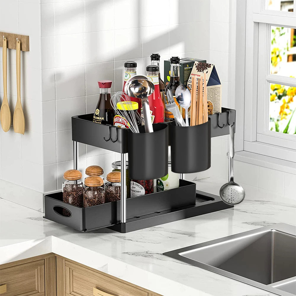 Organisateur de rangement à 2 niveaux sous évier, panier coulissant avec crochets, support pour tasses suspendues, pour salle de bain ou cuisine.